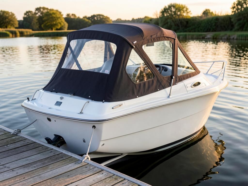 Hvit motorbåt med svart kalesje fortøyd ved brygge
