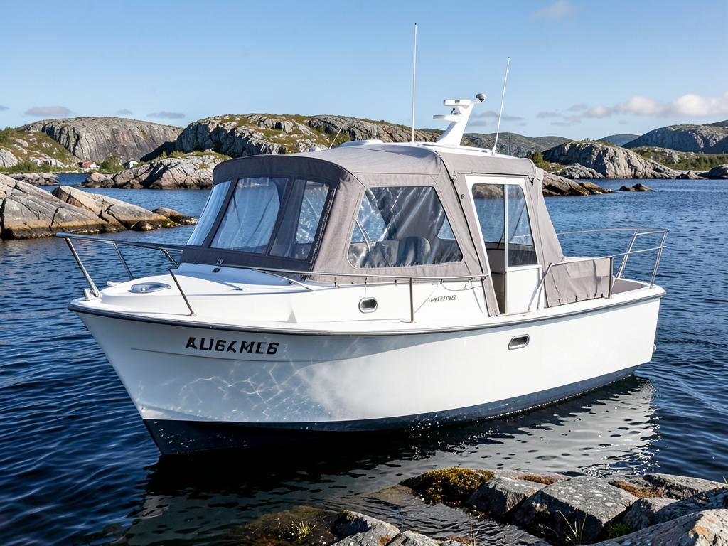 Nordisk motorbåt med grå kalesje i skjærgården